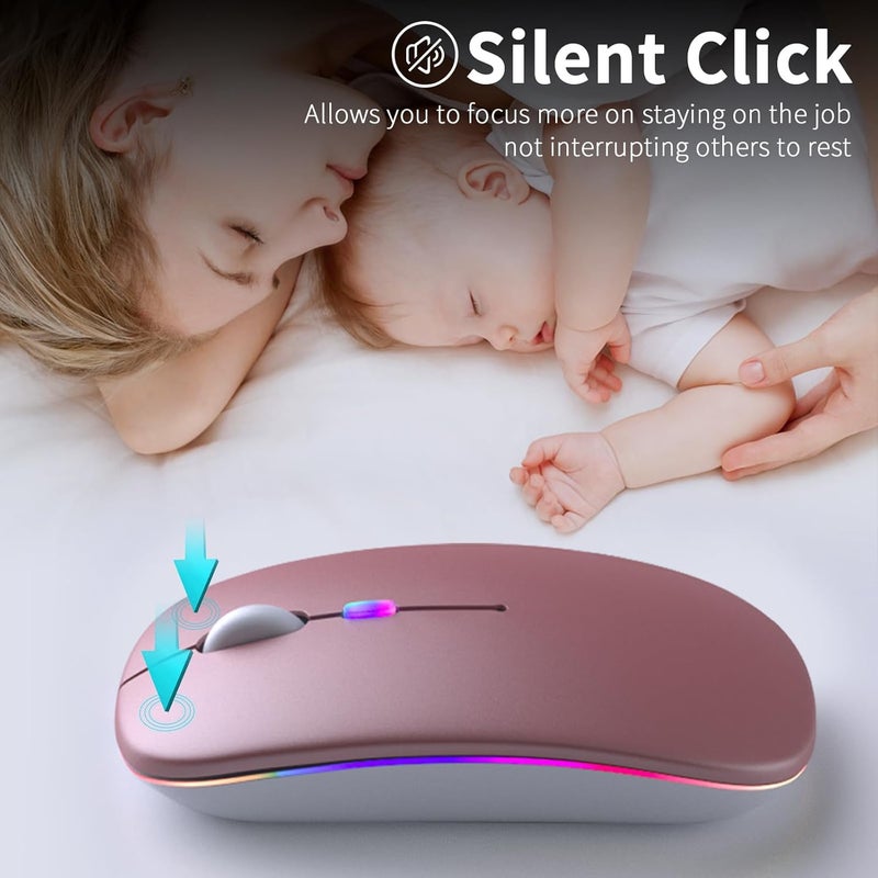 KANMABPC Wireless Bluetooth Mouse – Rechargeable, Silent, Dual Mode (Bluetooth 5.2 & USB) with LED Lights – Portable for Laptop, Desktop, & Tablet(Rose Gold) - Image 2